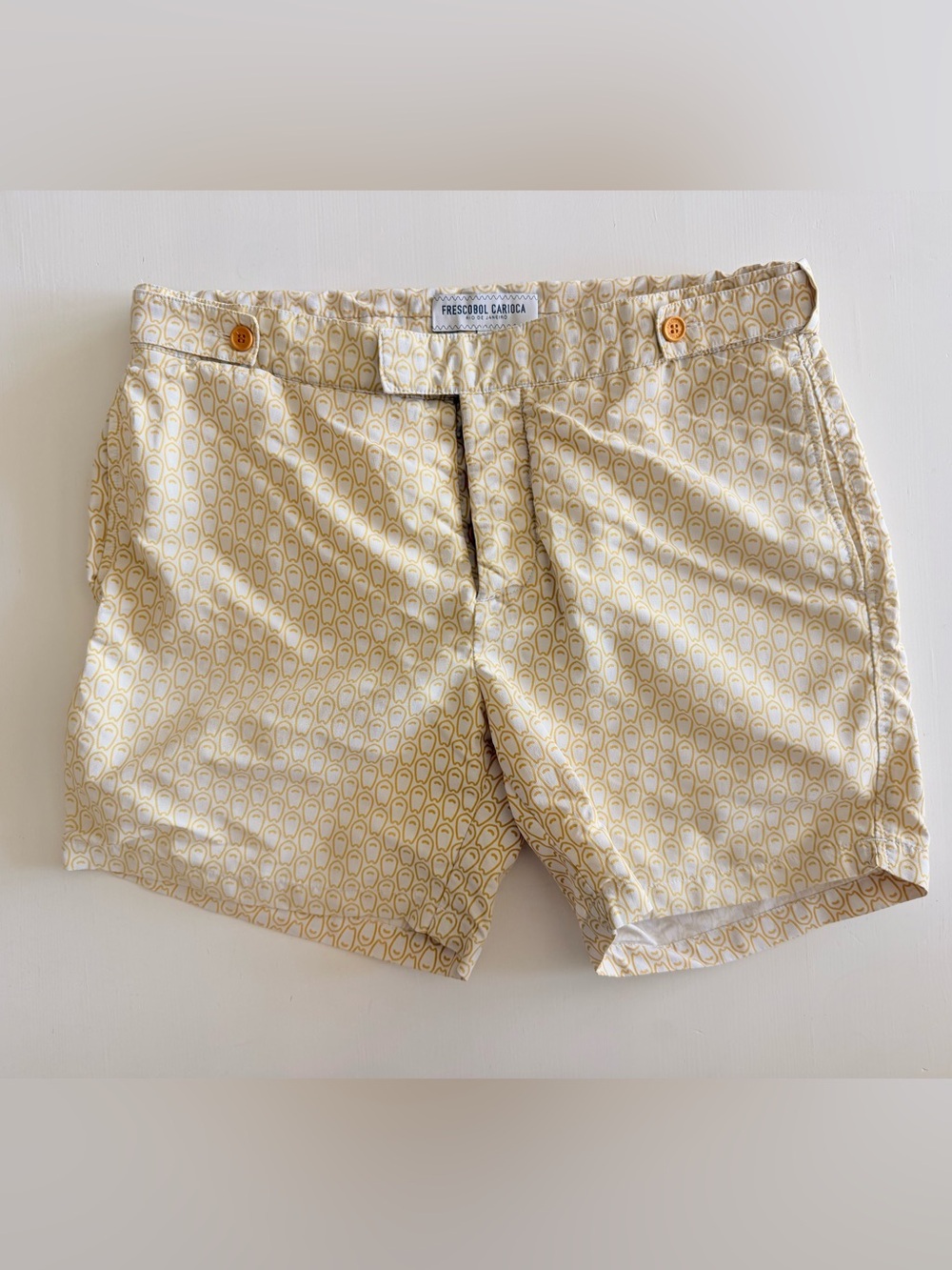 Men's luxury Frescobol Carioca Cream Gold geometric Patterned Swim Beach Shorts